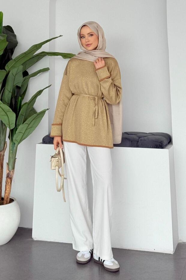 Zerda Kol Katlamalı Simli Salaş Tunik Camel - 2