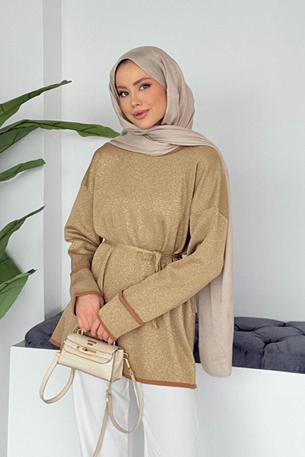Zerda Kol Katlamalı Simli Salaş Tunik Camel - 3