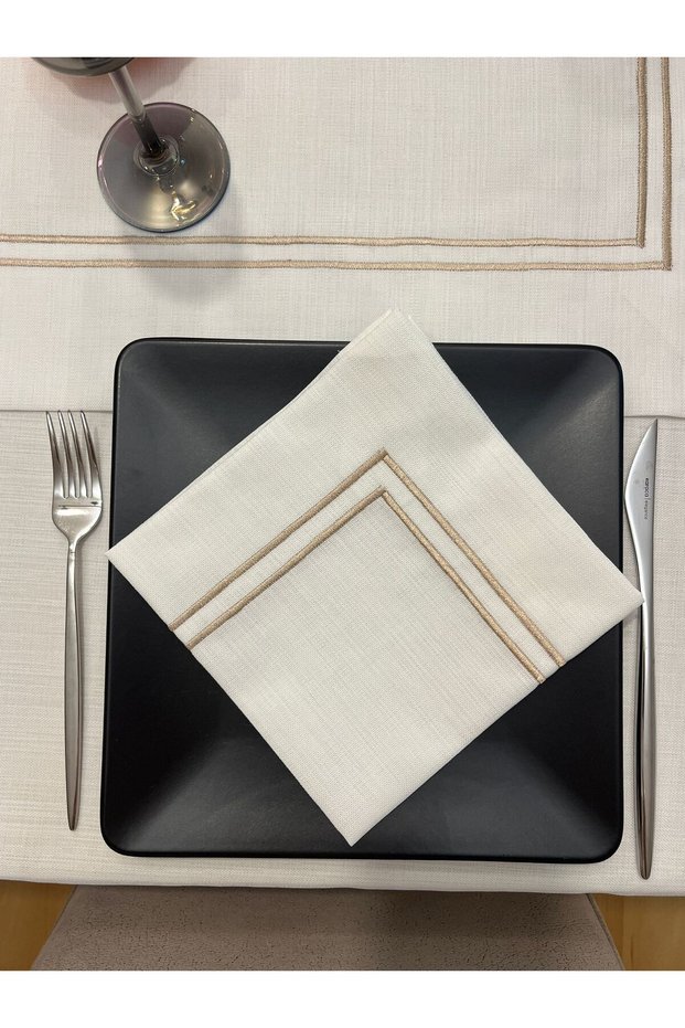 Double Piko Sargo Detailed Service Presentation Napkin 6 Pieces 40X40 Ecru