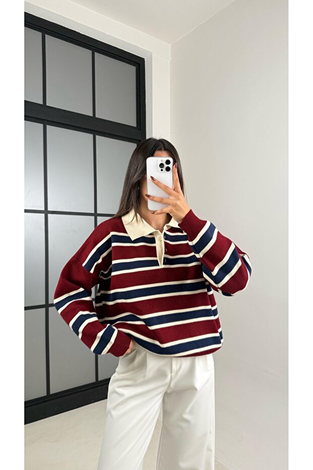 Striped Polo Neck Knitwear Sweater