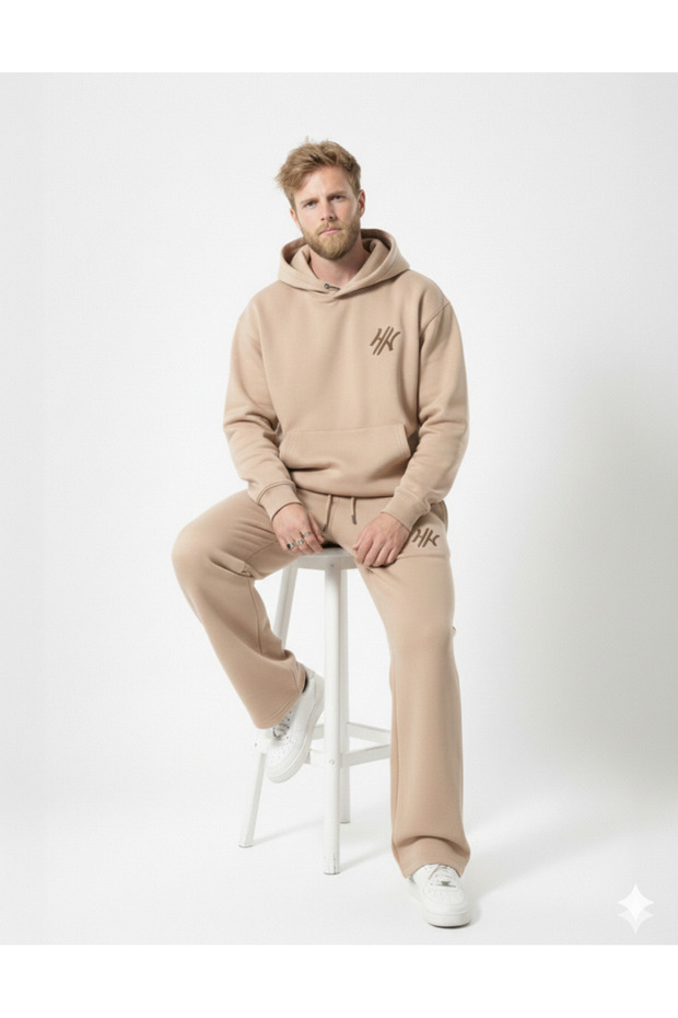 Black Baggy Oversized Men's Tracksuit Set Wide Leg 3 Thread Combed Cotton Minimal Logo Bottom Top