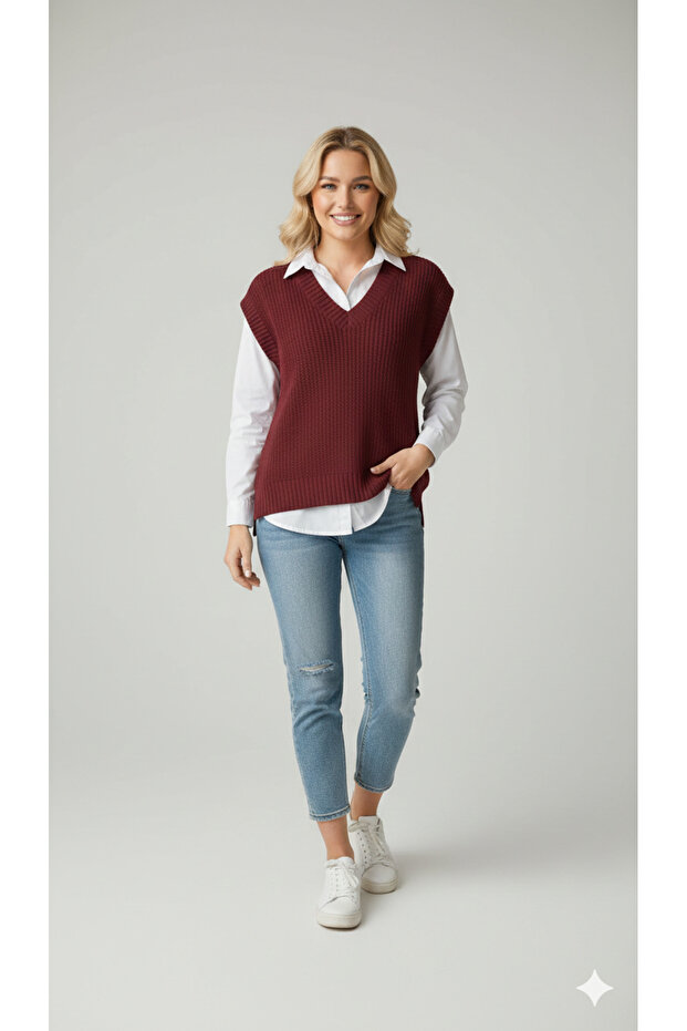 Kadın Basic V Yaka Rahat Kalıp Triko Süveter - 1