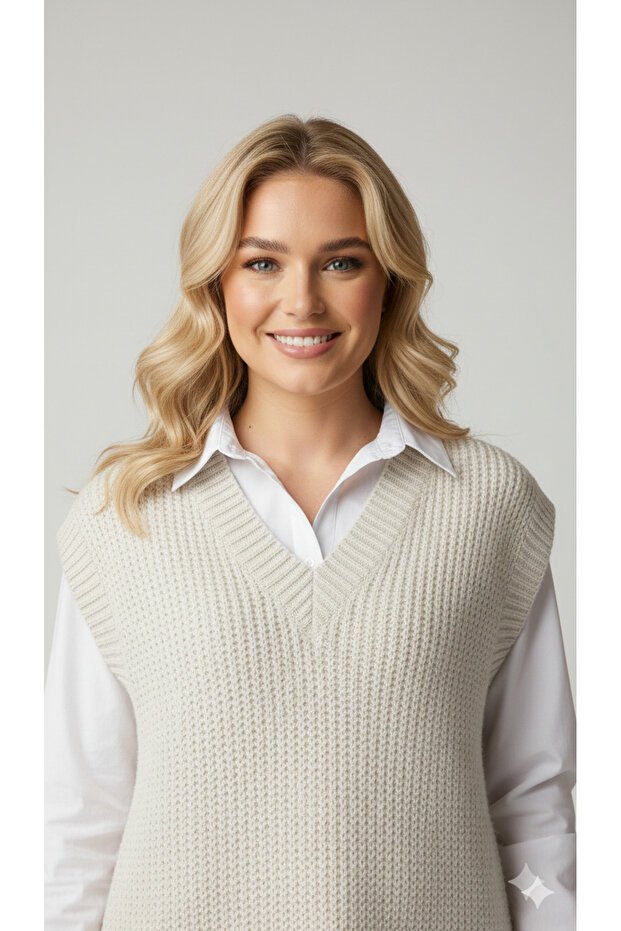 Kadın Basic V Yaka Rahat Kalıp Triko Süveter - 3