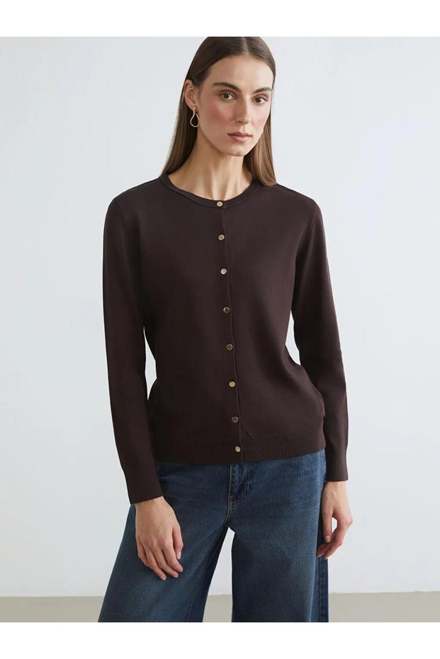 Brown Crew Neck Women's Knitwear Cardigan (S6)