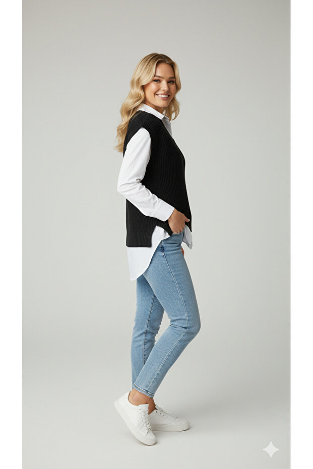 Kadın Basic V Yaka Rahat Kalıp Triko Süveter - 3