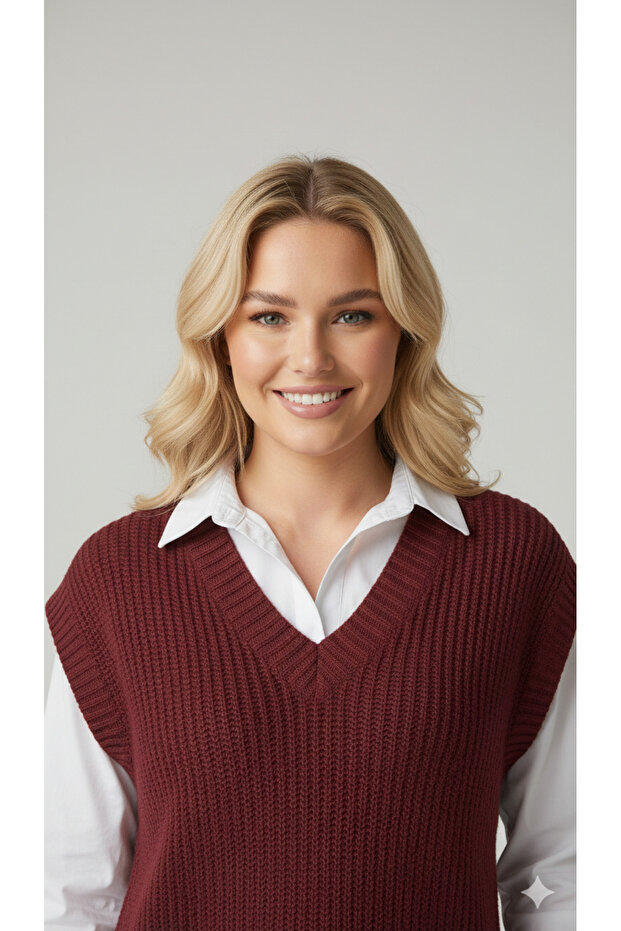 Kadın Basic V Yaka Rahat Kalıp Triko Süveter - 2