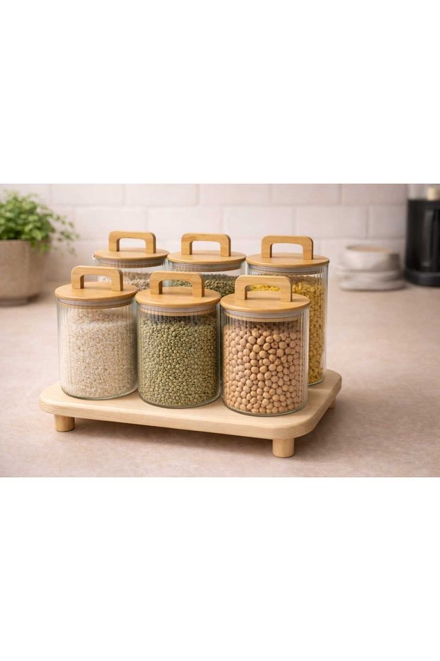 6-Piece Set of 3 Pieces 750 ml + 3 Pieces 1000 ml Striped Borosilicate Glass Jar Set with Stand, Bamboo Lid