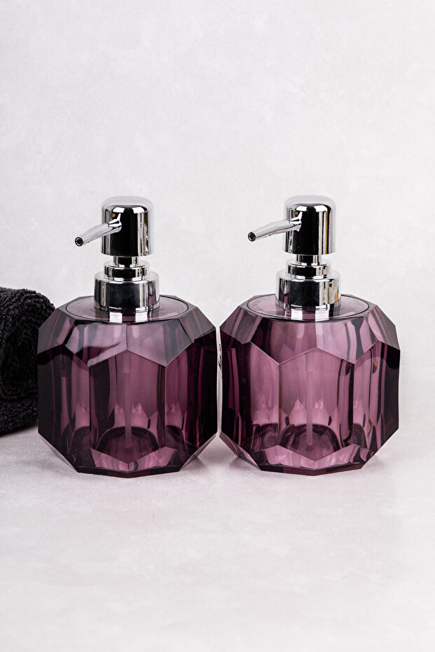 2 Pieces Purple Liquid Soap Dispenser Set 300 ml Diamond Patterned Modern Acrylic Soap Dispenser 9 cm X 13.5 cm