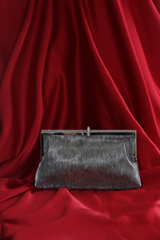 Women's Platinum Metal Framed Evening Bag with Stone Detail and Chain