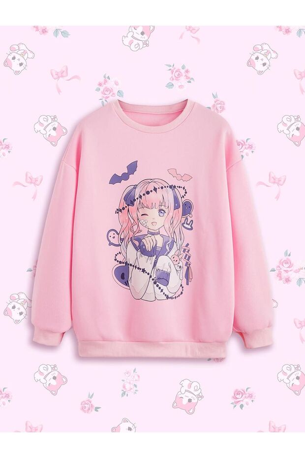 Winking Girl Printed Girls Winter Children's Sweatshirt Pink