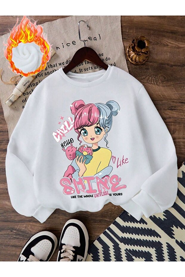 Shin Printed Girls Winter Children's Sweatshirt White