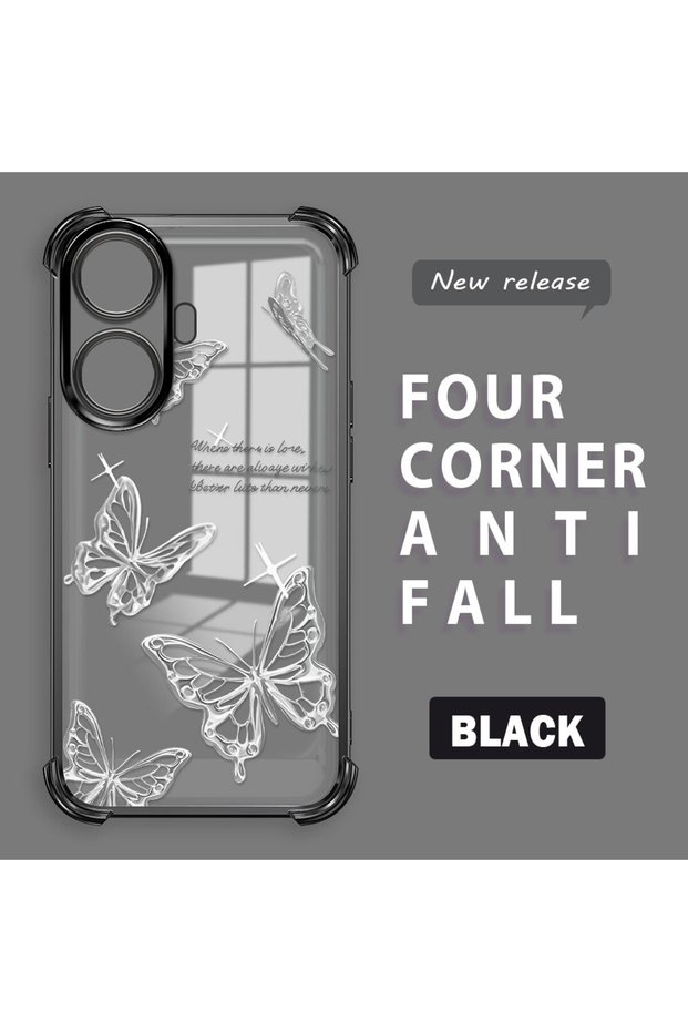 Realme C55 Compatible Transparent Four-Corner Silicone Coating Glossy Edge Case Butterfly Pattern