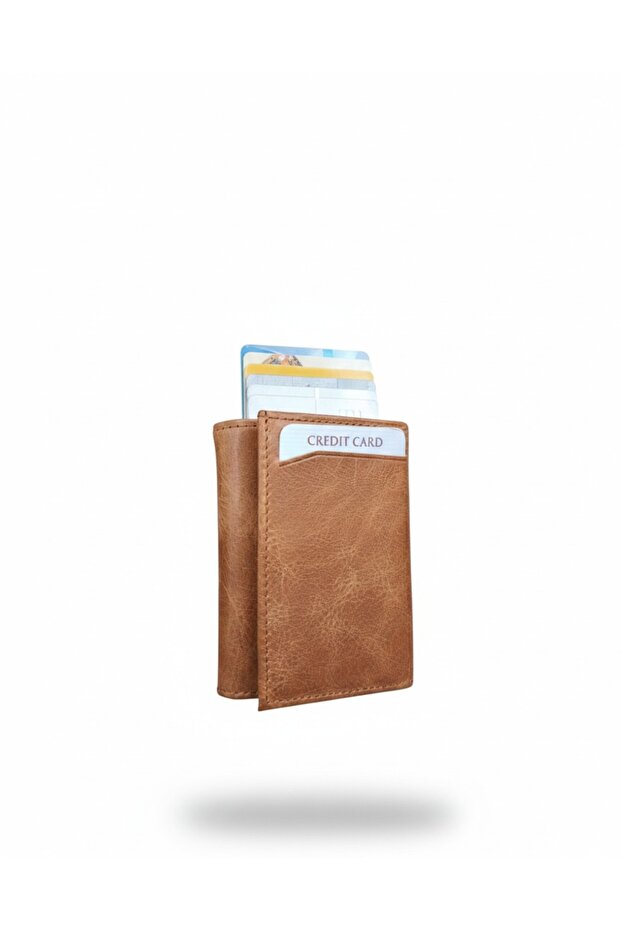 Genuine Leather Automatic Mechanism Wallet Credit Card Holder Camel Crazy