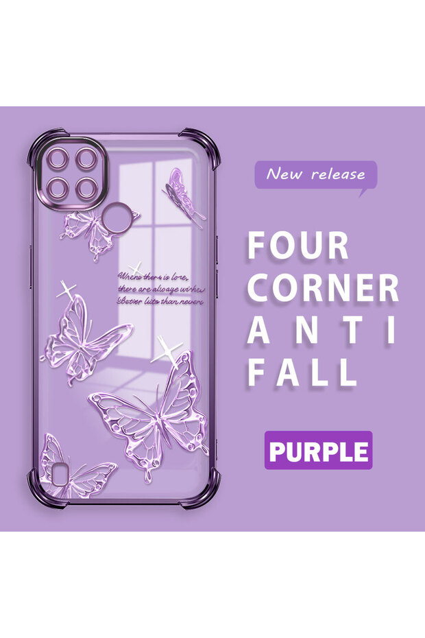 Realme C21Y/C25Y Compatible Transparent Four-Corner Silicone Cover Glossy Edge Case Butterfly Pattern