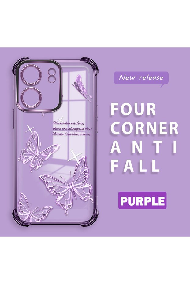 Redmi 13C Compatible Transparent Four-Corner Silicone Coating Glossy Edge Case Butterfly Pattern
