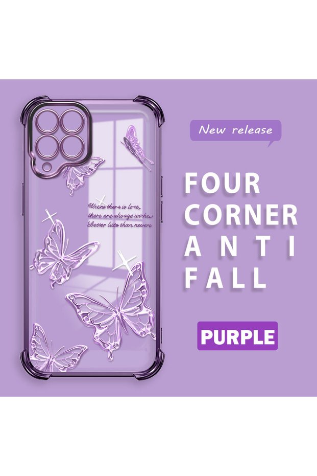 Samsung Galaxy M33 Compatible Transparent Four-Corner Silicone Cover Glossy Edge Case Butterfly Pattern