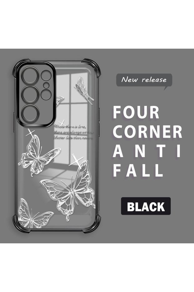 Samsung Galaxy S22 Ultra Compatible Transparent Four-Corner Silicone Coating Glossy Edge Case Butterfly Pattern