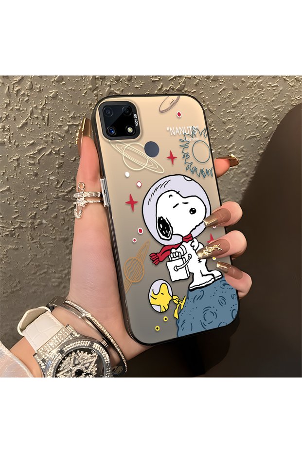 Realme C15 Compatible Hard Acrylic Back Silicone Edge Lens Protection Case Snoopy Pattern