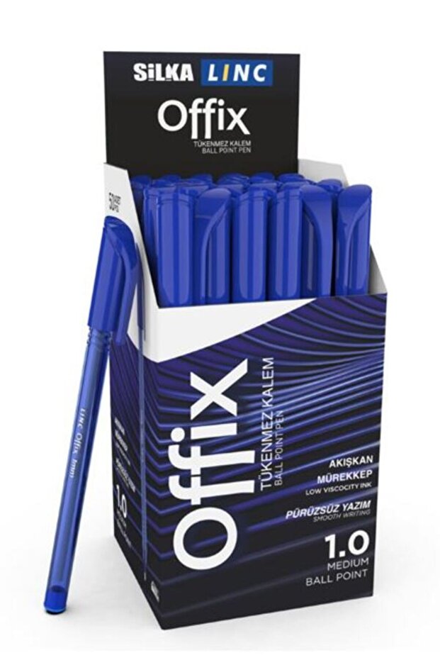 Silka Linc Offix Iğne Uç Mavi Tükenmez Kalem 1mm Uç 100'lü (2 Paket 50'li)