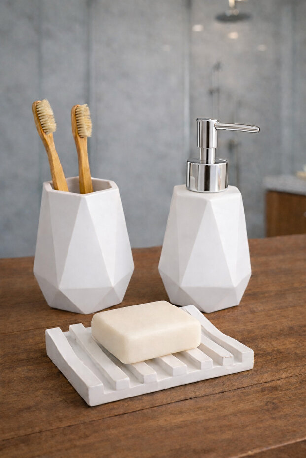 Marble Patterned 3-Piece Bathroom Set Solid Liquid Soap Dispenser Toothbrush Holder Concrete Decorative Accessories Luxury Set