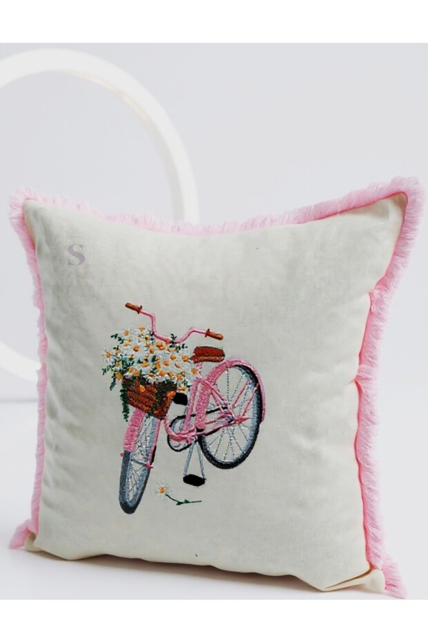 Vintage Bicycle Embroidered Duck Fabric Pink Tasseled Pillow Cover (43 X 43) 1 Piece with Filling