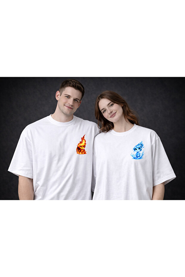 Fire&Water Double Combination Oversized 100% Cotton Unisex T-Shirt – Premium Print, Valentine's Day (2 Pcs)