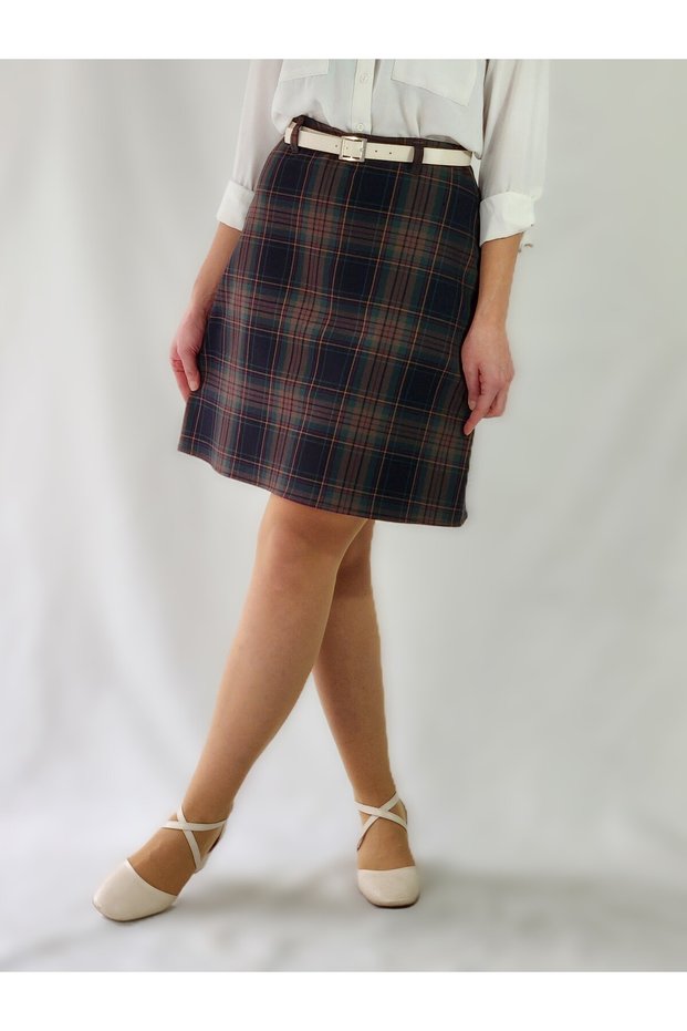 High Waist Lightweight Lycra Woven Fabric Knee-Length Plaid Bell-Sleeve Skirt