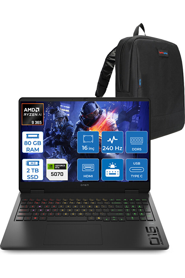 Omen 16-AP0012NT Ryzen 9 365 80GB 2tb SSD RTX5070 8gb 16Inç FDOS C12CGEAF39+Zetta Çanta - 1