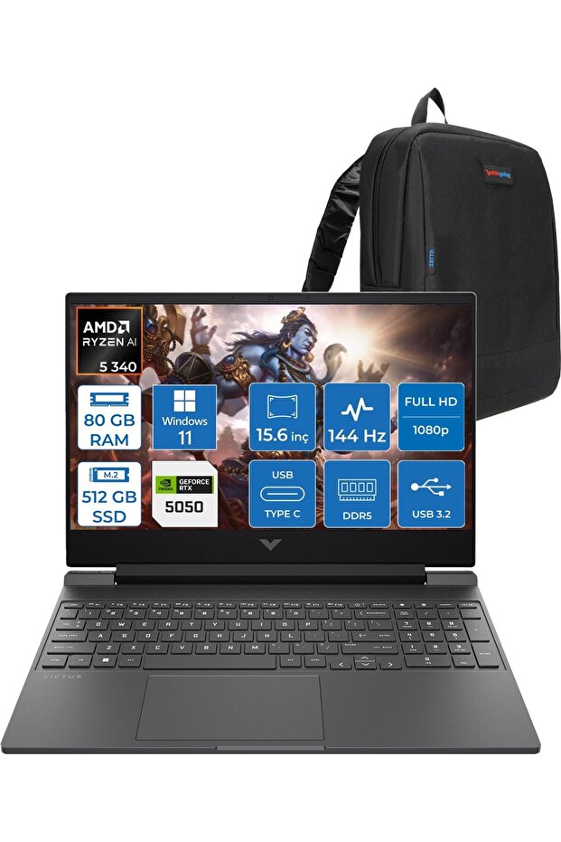Victus 15-WFB3036NT Ryzen 5 Aı 340 80GB 512GBSSD W11HOME 8gb RTX5050 15.6 Inç CA8E7EAH32+Zetta Çanta - 1