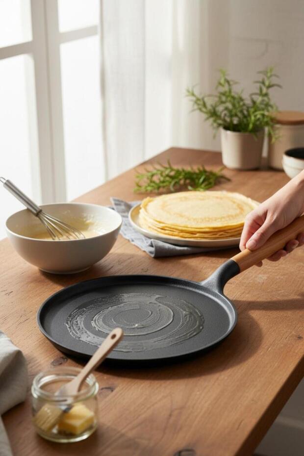 Granite cast 29cm crepe pan, pancake pan, removable wooden handle