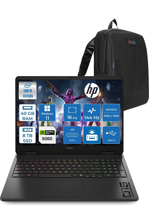 Omen 16-AM0033NT I9 14900HX 40GB 8tb SSD RTX5060 8gb W11PRO 16Inç 144Hz IPS WC39J7EAP24+Zetta Çanta - 1