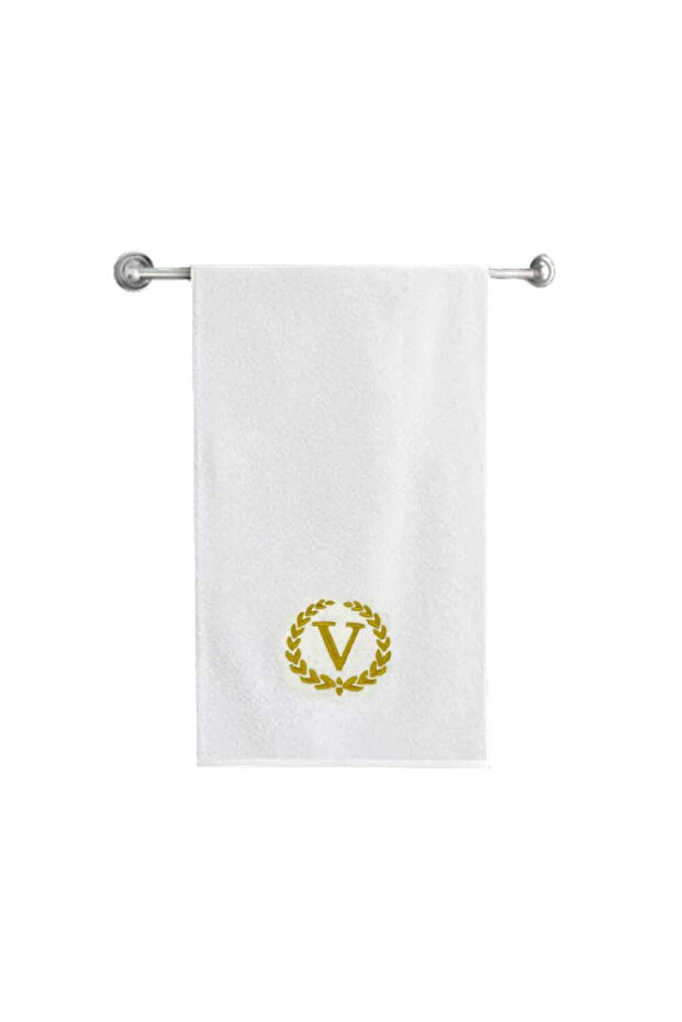 Monogrammed Letter "V" Bath Towel Gold Thread Cotton Personalised Letter