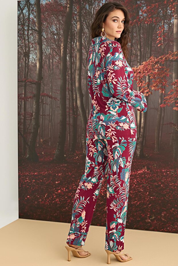 Floral and Leaf Patterned Buttoned Front Pajama Set - 5