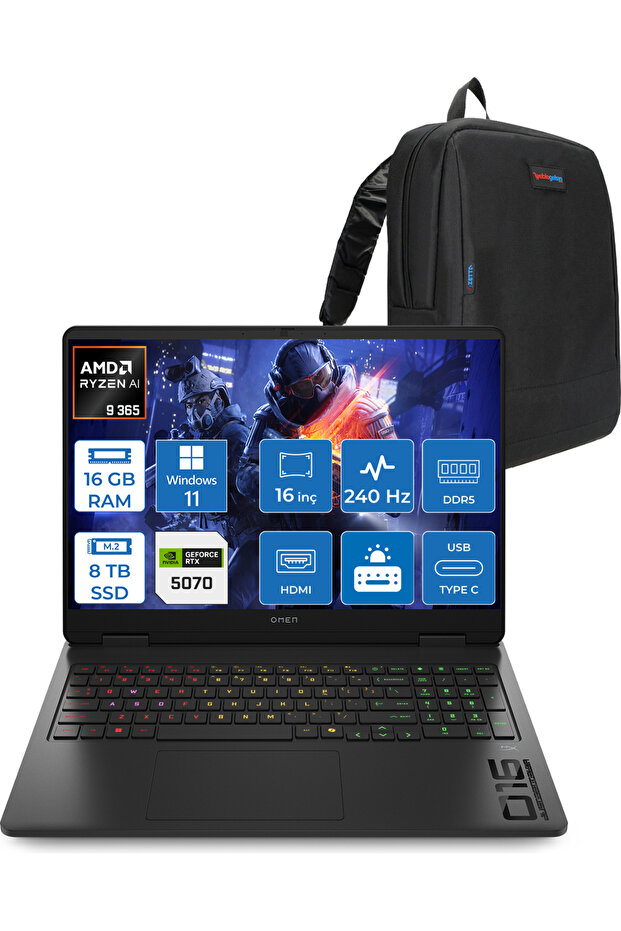 Omen 16-AP0012NT Ryzen 9 365 16GB 8tb SSD RTX5070 8gb 16Inç W11PRO C12CGEAP06+Zetta Çanta - 1