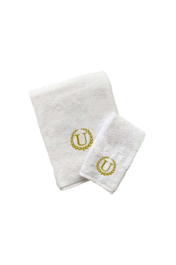 Monogrammed Letter "U" Hand & Bath Towel Gold Thread Cotton Personalised