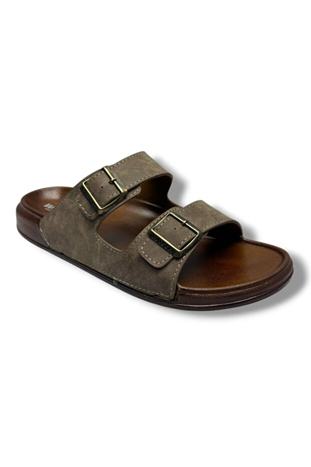 54201-26 Leather Double Band Large Size Anatomical Men's Slippers 45-47