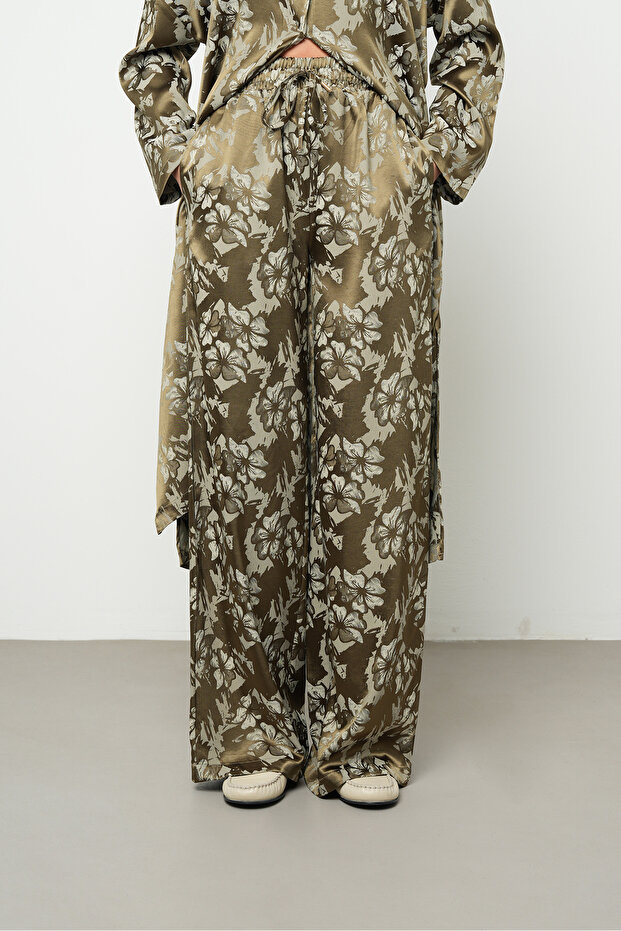 Women's Botanika Khaki Large Floral Patterned Silky Satin Look Palazzo Trousers