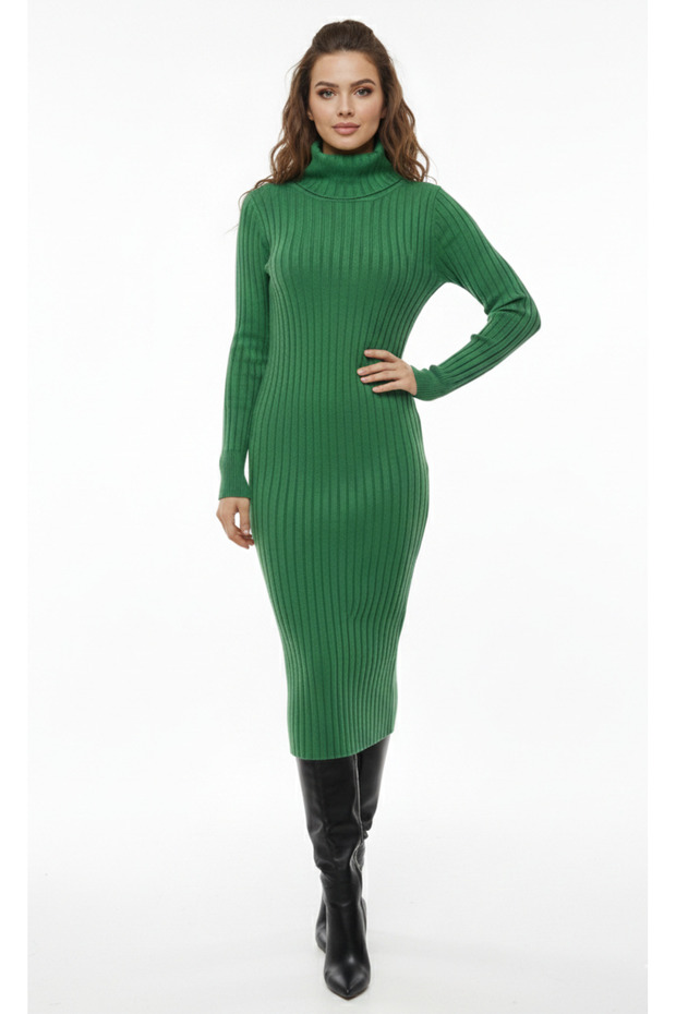 Women's Corded Fabric Turtleneck Knitwear Dress - Fitted Midi Length Dress