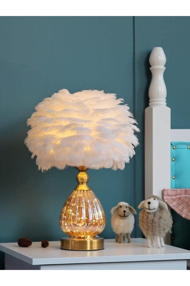 OneDcor Feather Table Lamp with Plug-in Wire – Modern LED Bedside Light for Makeup, Bedroom