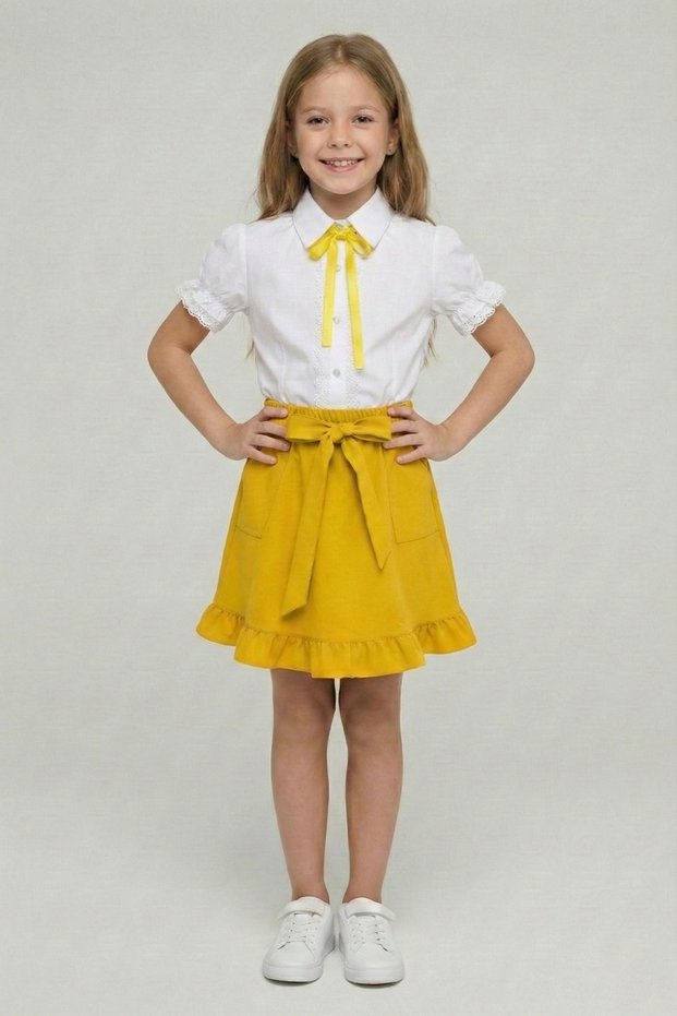 Girl's Yellow Bowknot Lace Embroidered Shirt Yellow Pocket Ruffle Skirt Set 23 April