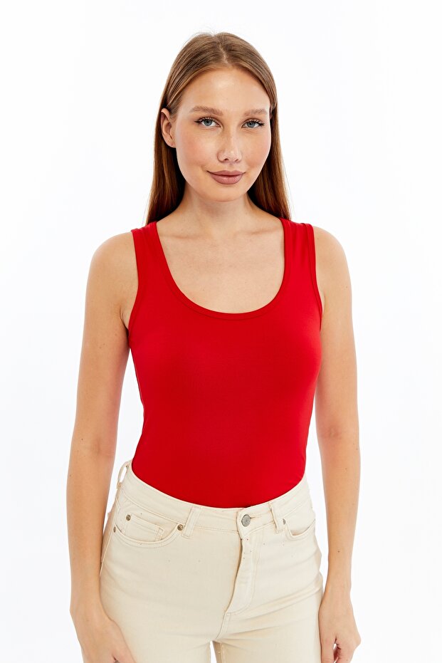 Kadın Kırmızı Kalın Askılı Basic Atlet - 1