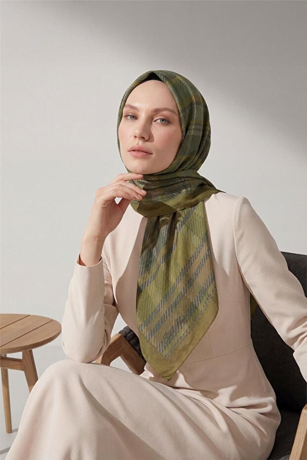 Viscose Velora Scarf Plaid Patterned Oil Green Tok Duruşlu Four Seasons 90X90