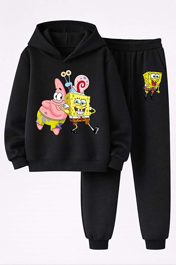 Spongebob Printed 3-Thread Quality Sweatshirt and Sweatpants F1 Children's Top-Bottom Set