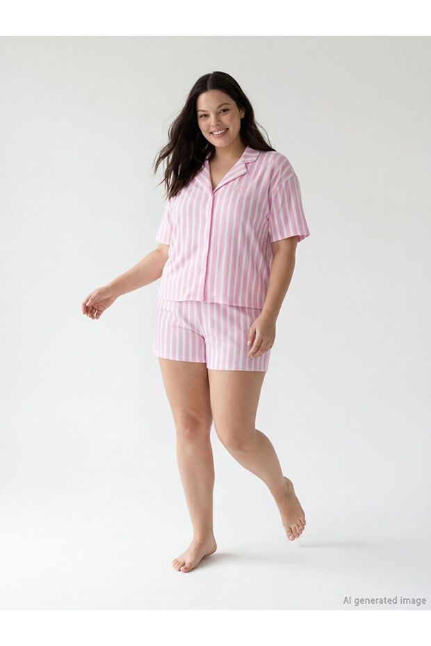 Shirt Collar Striped Women's Shorts Pajama Set