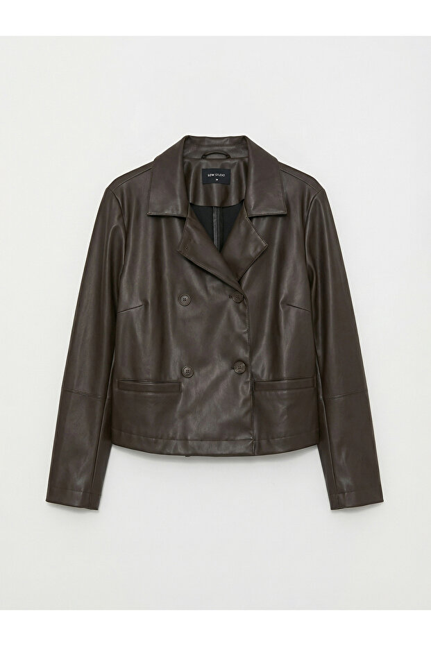 Brown Double-Breasted Collared Women's Leather Look Jacket