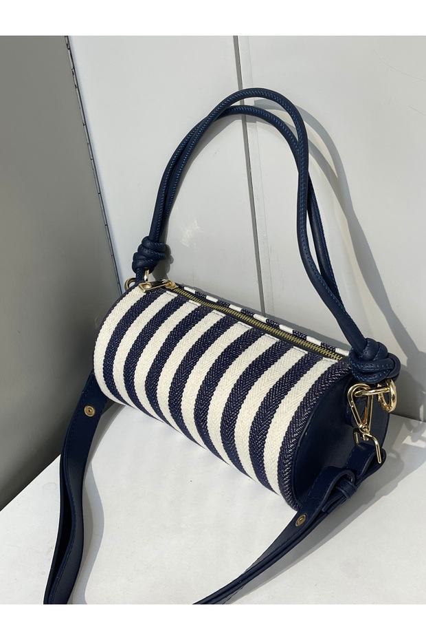 Navy Blue Striped Women's Cylinder Model Hand and Shoulder Bag