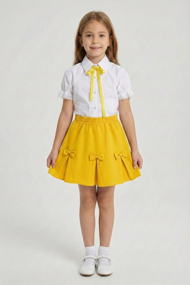 Girl's Yellow Bow Lace Embroidered Shirt Yellow Ribbon Skirt Set 23 April
