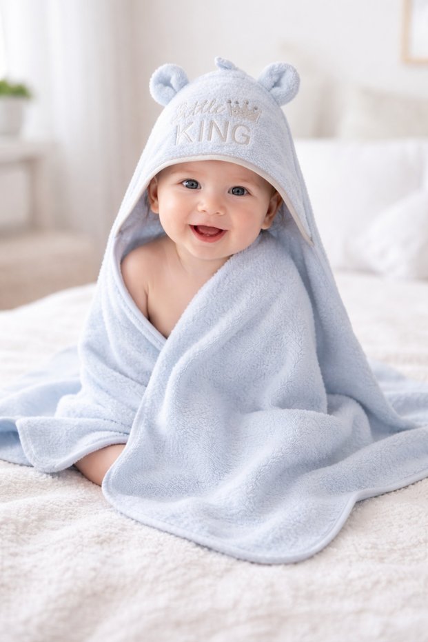 Little King Hooded Baby Boy Bath Towel & Washcloth – 100% Cotton