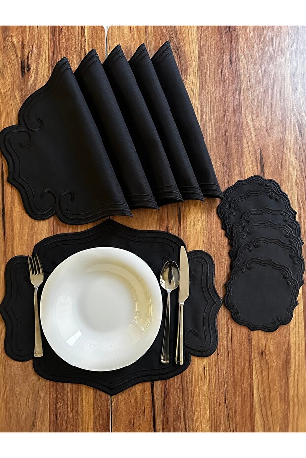 Curly Model Black Embroidered 12-Piece Set American Service and Cocktail Presentation Napkins