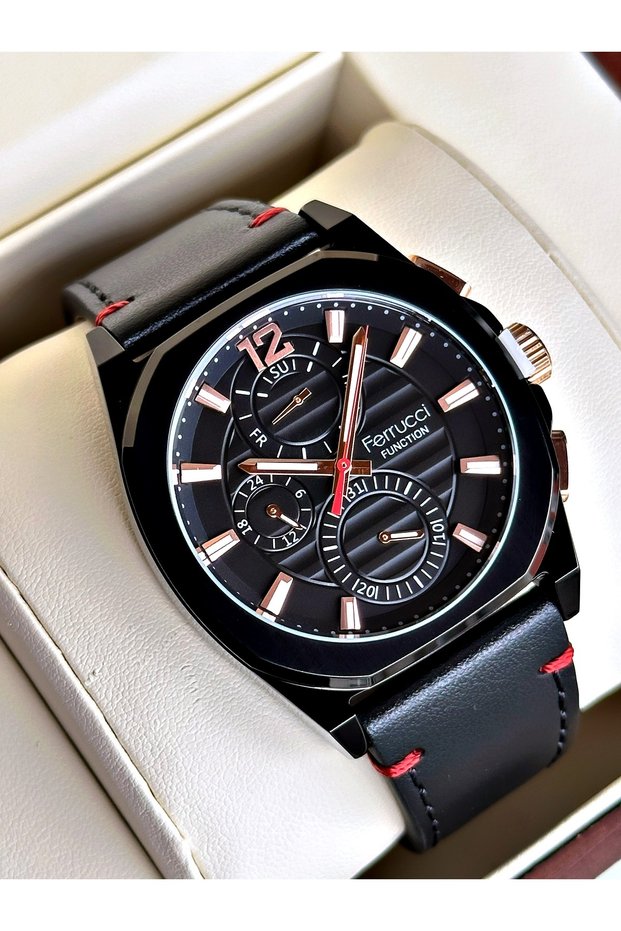 Functional Black Color Leather Cord Men's Wristwatch